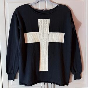 Brandy Melville Angelica Gothic Cross Knit Long Sleeve Sweater, Black White,OS